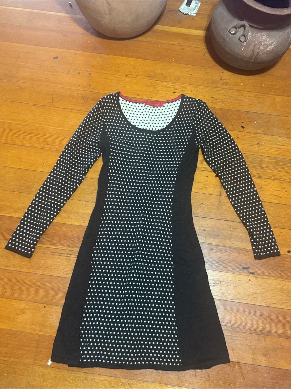 Krimson Klover Black and White Polka Dot Long-Sleeve Dress